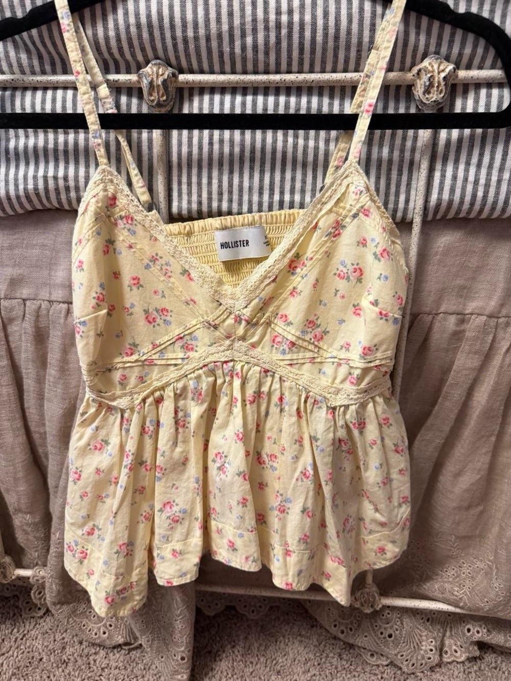 Hollister Pale Yellow Floral Spaghetti Strap Peplum Tank